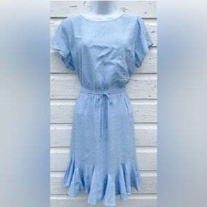 Loft godet drawstring waist blue dress with white small dots